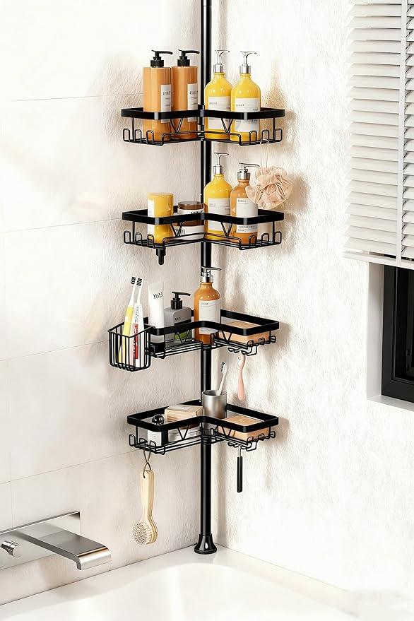 KEGII Corner Shower Caddy Tension Pole, Adjustable Bathroom Organizer Shelf with Toothbrush Holder, Floor to Ceiling Shower Organizer 25-114.2 Inch, Bathtub Storage Rack for Renters, Family - ModernBath