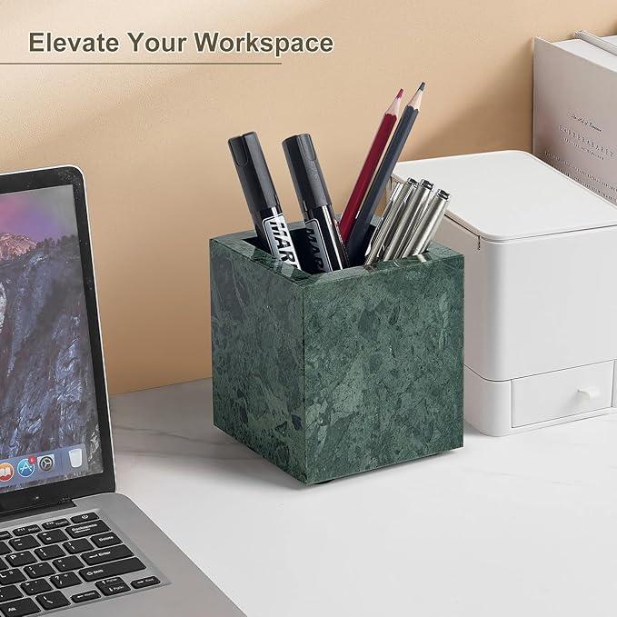Real Natural Marble Toothbrush Holder & Pen Holder & Makeup Brush Holder, Genuine Stone Rectangular Bathroom Tumbler Cup, Durable Office & Home Countertop Organizer - ModernBath