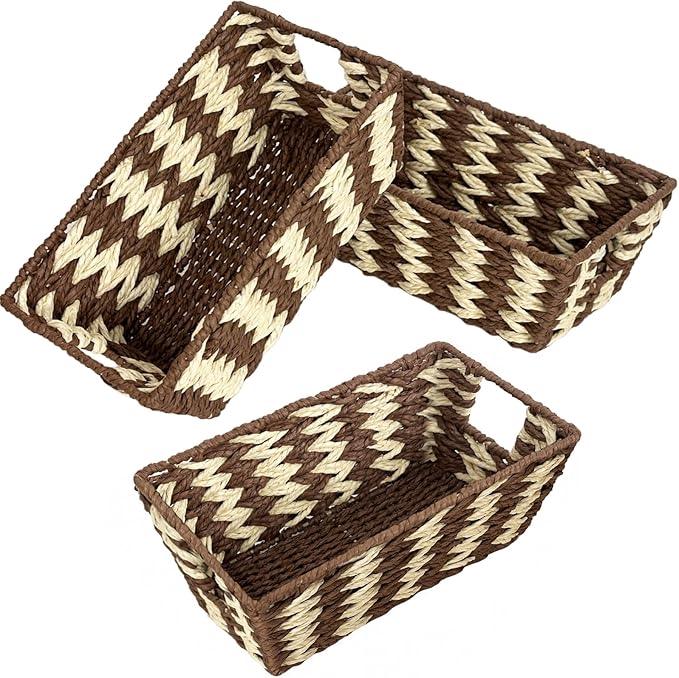 Paper Rope Storage Baskets for Shelves Organizing, Small Hand Woven Wicker Organizer Basket with Handle for Bathroom Toilet Paper Storage, Beige and Brown, 3-Pack - ModernBath