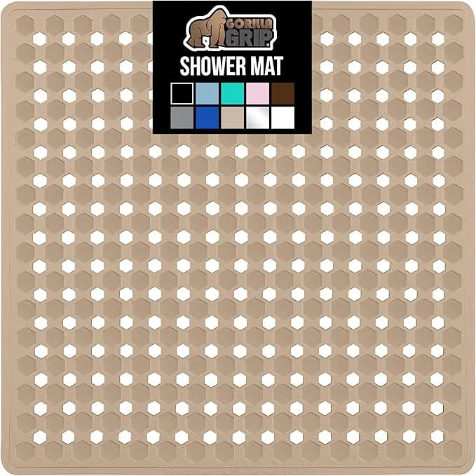 GORILLA GRIP Patented Square Shower Stall Mat, Small Bathtub Floor Mats for Stand Up Showers, Suction Cups and Drainage Holes, Machine Wash, Soft on Feet, Bathroom Accessories 21x21 Inch, Beige Opaque - ModernBath