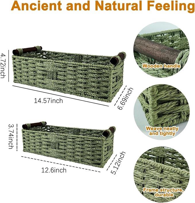 Green Toilet Basket Tank Topper for Bathroom Organizers & Storage, Paper Rope Imitation Wicker Toilet Paper Holder Basket with Handles for Desk, Countertop, Boho Coastal Bathroom Decor 2 PCS - ModernBath