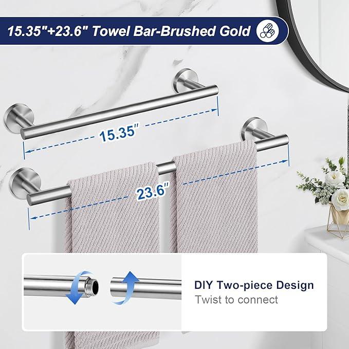 Bathroom Hardware Accessories Set Brushed Nickel Towel Bar Sets Include Double Towel Bars (23.6" and 15.35") Toilet Paper Holder Double Towel Hooks, 5 Pieces Stainless Steel Wall Mounted - ModernBath