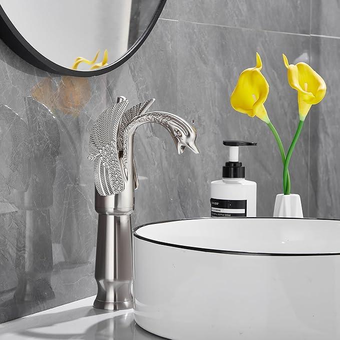 GGStudy Brushed Nickel Swan Shape Single Handle 1Hole Bathroom Vessel Sink Faucet Deck Mount Lavatory Sink Faucet - ModernBath