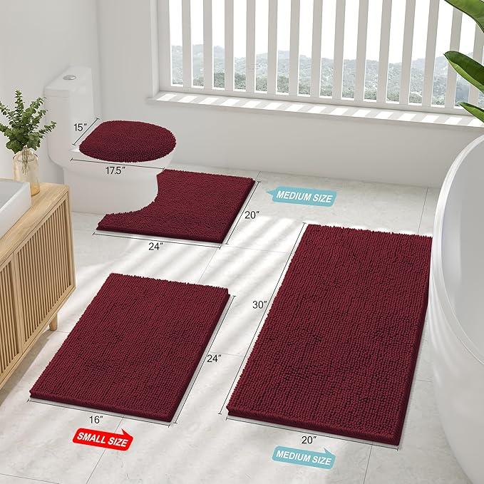 Smiry Luxury Chenille Bathroom Rugs 70x24, Extra Soft and Absorbent Shaggy Bath Mat, Machine Washable, Non-Slip Plush Carpet Runner for Tub, Shower, and Floor, Home Decor Accessories, Burgundy - ModernBath