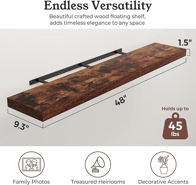 Floating Shelves for Wall, Wall Mounted Rustic Wood Shelves for Bathroom, Bedroom, Living Room, Kitchen, Hanging Shelf for Books/Storage/Room Decor (Brown, 48") - ModernBath