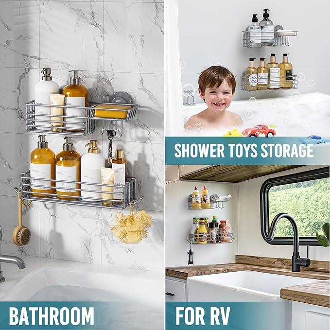 TAILI Shower Caddy Suction Cup 2 Pack with Hooks & Soap holder, Heavy Duty Shower Organizer for Bathroom, No Drilling Bathroom Organizer with Large Capacity, Metal Storage Basket-Grey - ModernBath