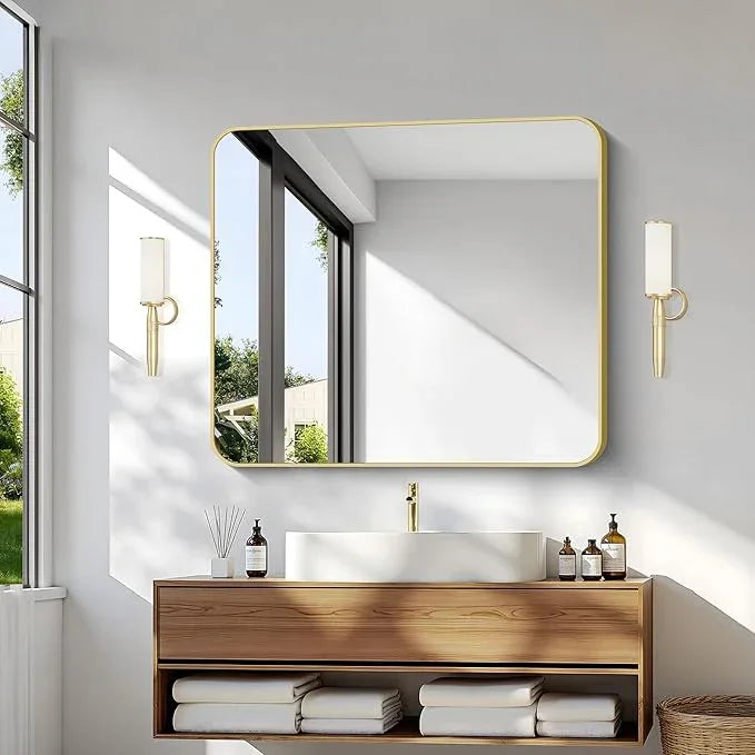 Gold Bathroom Mirror,30x36 inch Wall Mirror for Bathroom Wall Mounted,Round Rectangle Mirror for Bathroom Over Sink,Modern Frame for Home Decor Living Room,Bedroom Entryway,Horizontal/Vertical - ModernBath