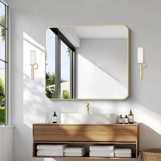 Gold Bathroom Mirror,30x36 inch Wall Mirror for Bathroom Wall Mounted,Round Rectangle Mirror for Bathroom Over Sink,Modern Frame for Home Decor Living Room,Bedroom Entryway,Horizontal/Vertical - ModernBath