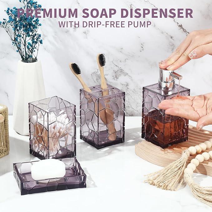 GAHEFY Lavender Purple Bathroom Accessories Set with Toothbrush Holder, Soap Dispenser, Tumbler, Soap Dish, Purple Bathroom Decor,Acrylic (Purple-4pcs) - ModernBath