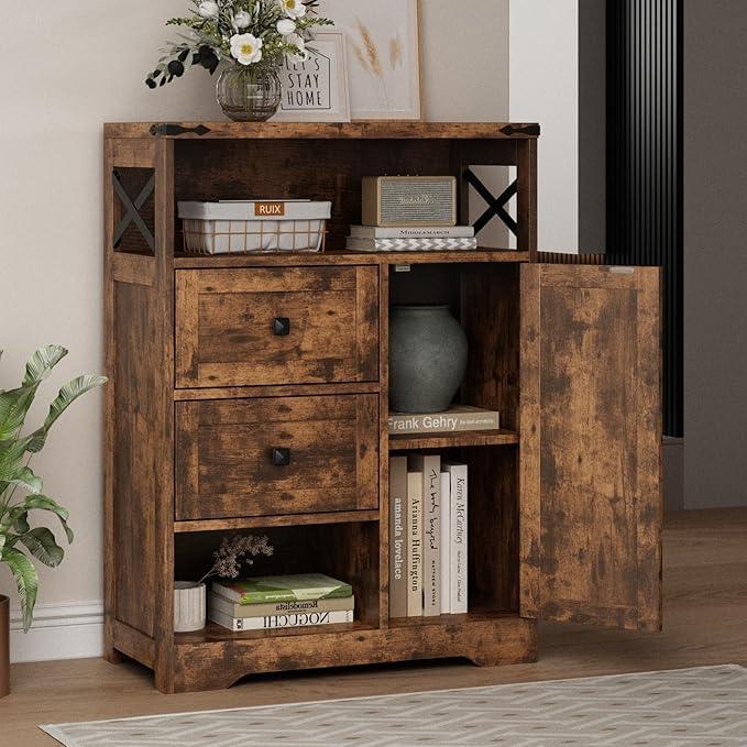 Fameill Farmhouse Storage Cabinet with 2 Drawers & Shelves,Freestanding Kitchen Cabinet with Doors,Floor Storage Organization for Living Room,Bathroom,Laundry,Brown - ModernBath