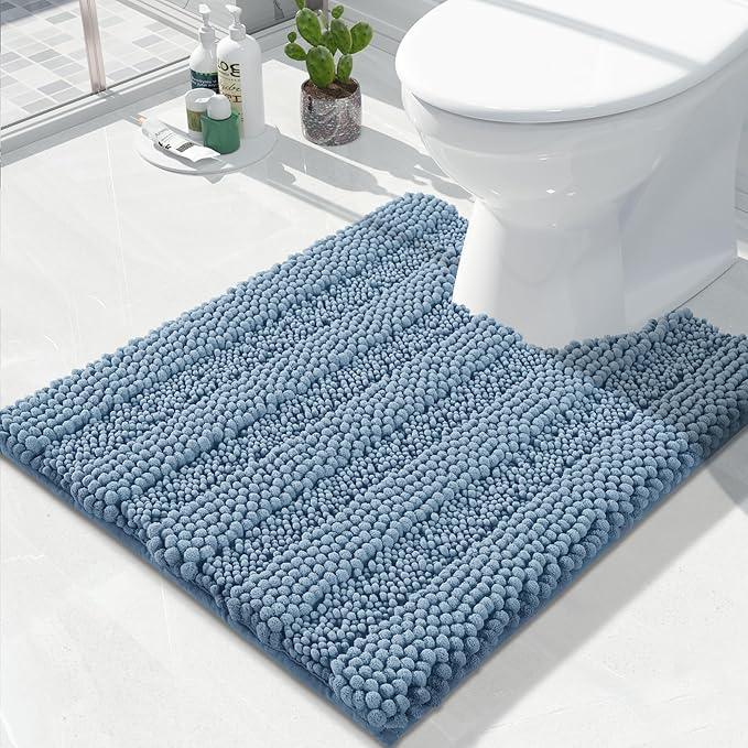 Yimobra Toilet Rugs U Shaped Washable 24 x 20, Non Slip and Super Absorbent Toilet Mat, Quick Dry, Ultra Luxury Microfiber Chenille Plush Fluffy Contour Bath Rugs for Toilet Base, Denim Blue - ModernBath
