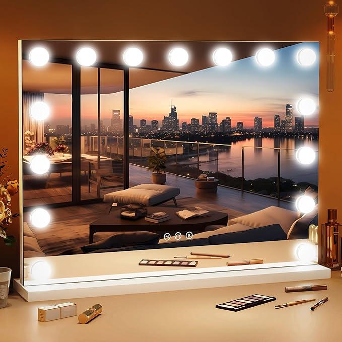 ROLOVE 23"x18" Hollywood Vanity Mirror with Lights, 15 Dimmable LED Bulbs, led Makeup Mirror with 3 Color Modes, Lighted Vanity Mirror for Tabletop or Wall-Mounted - ModernBath