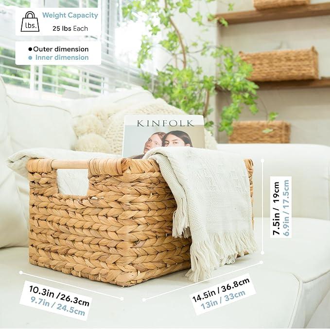 Large Wicker Basket Rectangular with Wooden Handles for Shelves, Water Hyacinth Basket Storage, Natural Baskets for Organizing, Wicker Baskets for Storage 14.5 x 10.3 x 7.5 inches - 3 Pack - ModernBath