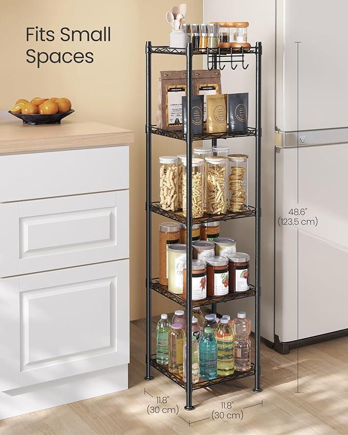 SONGMICS 5-Tier Bathroom Shelf, Storage Rack for Small Space, with 5 PP Shelf Liners, Removable Hook, Extendable Design, Ink Black and Rustic Brown ULGR023B02 - ModernBath