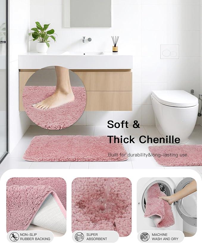 IMAVO Pink Bathroom Accessories,Non Slip Super Absorbent Rugs and Waterproof Shower Curtain with Hooks,Complete Bathroom Set for Bathroom Décor - ModernBath