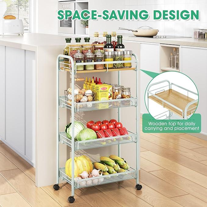 TOOLF 4-Tier Rolling Cart, Metal Utility Cart, Slide Out Storage Cart with Wooden Tabletop and Mesh Baskets for Narrow Space on Kitchen Bathroom Laundry Room Bedroom Apartments Dormitory (Green, Wide) - ModernBath