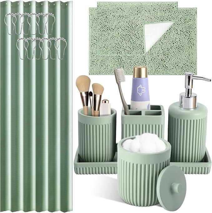 XLHOMO 8-Piece Light Green Bathroom Set - Resin Bathroom Accessories Sets Complete with Shower Curtain and Rugs, Soap Dispenser, Toothbrush Holder, Tumbler & Vanity Organizer - ModernBath