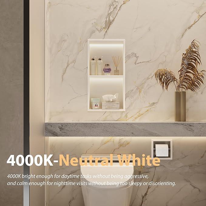 Stainless Steel Shower Niche 12" X 24", No Tile Needed Wall Niche with 3 Selectable Color Temperatures Led Light, Recessed Shower Shelf for Bathroom Storage Over Mount Installation, Matte White - ModernBath