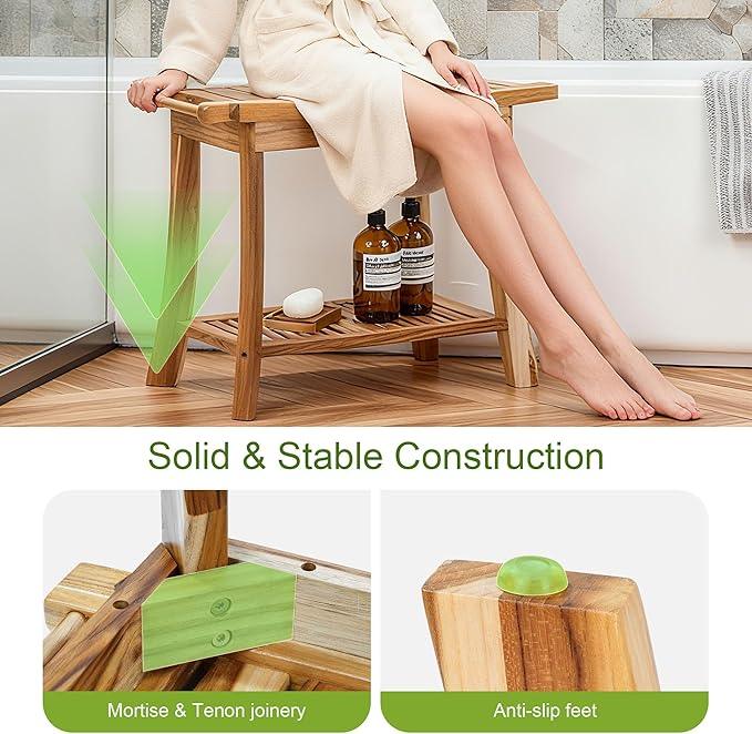 24" Solid Teak Shower Bench with Towel Bar & Storage Shelf - Waterproof Bath Stool with Fixed Non-Slip Feet, 300lbs Capacity, Natural - ModernBath