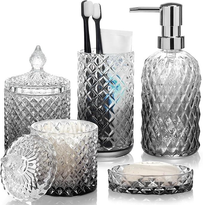 Bathroom Accessories Set, 5Pcs Bathroom Soap Dispenser Set, Glass Bathroom Accessories with Glass Soap Dispenser, Soap Dish, Toothbrush Holder, Tumbler, Qtip Holder - ModernBath