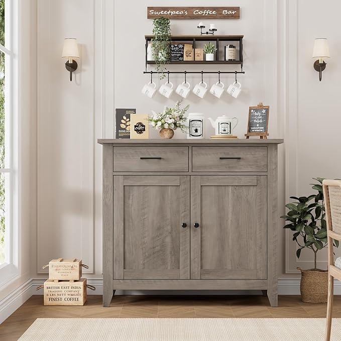 HORSTORS Kitchen Storage Cabinet, Modern Farmhouse Buffet Cabinet with Storage, Coffee Bar with 2 Drawers and 2 Doors, Floor Sideboard Buffet for Living Room, Dining Room, Bathroom, Grey - ModernBath