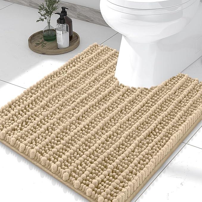 Smiry Bathroom Toilet Rugs U Shaped 24x20, Extra Soft Absorbent Non Slip Rubber Backing Chenille Contour Bath Rugs for Toilet, Machine Washable Contoured Bath Mats, Beige - ModernBath