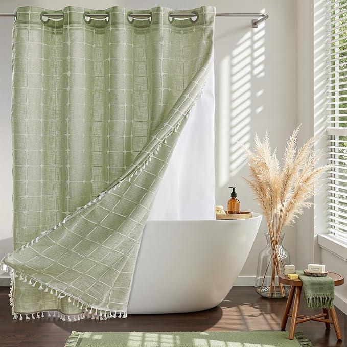 River Dream Sage Green Farmhouse Shower Curtain with Snap-in Liner, No Hooks Needed,with Magnets,with Tassels,Water Repellent&Machine Washable,71x74Inch - ModernBath