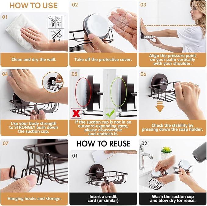 LEVERLOC Soap Holder Dish with Hooks for Shower, Bar Suction Cup Soap Tray Wall Mounted, Rustproof Stainless Steel Sponge Holder Caddy for Bathroom Bathtub Kitchen Sink, Brown - ModernBath