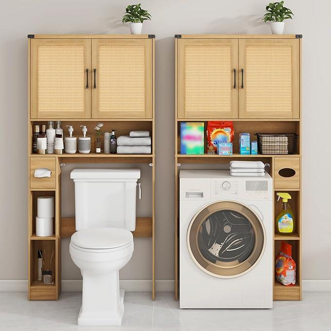 Vabches Over The Toilet Storage Cabinet, Farmhouse Rattan Storage Cabinet Over Toilet with 2 Rattan Barn Doors & Home Space-Saving Toilet Rack, for Bathroom, Restroom, Laundry - ModernBath
