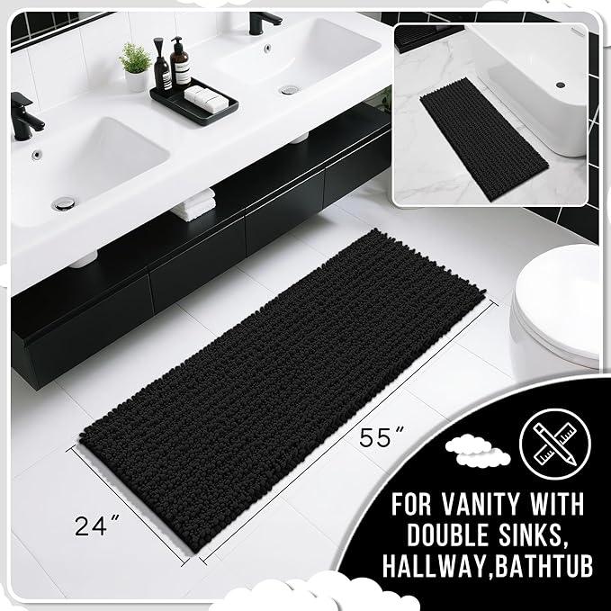 Yimobra Bathroom Runner Rug 55x24 Inch - Extra Long Non Slip Chenille Bath Mat, Soft & Absorbent, Machine Washable Shaggy Hallway Carpet for Vanity Tub Shower, Black Home Decor Accessories - ModernBath