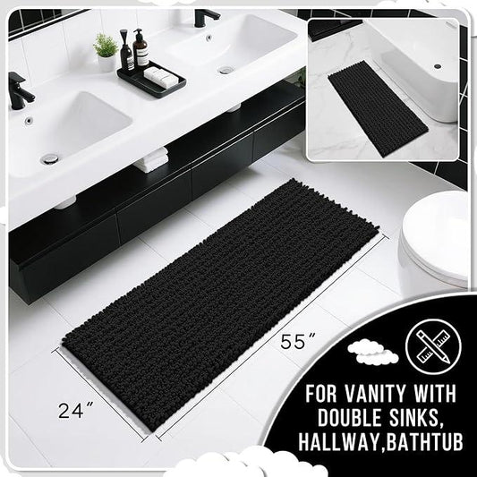 Yimobra Bathroom Runner Rug 55x24 Inch - Extra Long Non Slip Chenille Bath Mat, Soft & Absorbent, Machine Washable Shaggy Hallway Carpet for Vanity Tub Shower, Black Home Decor Accessories - ModernBath