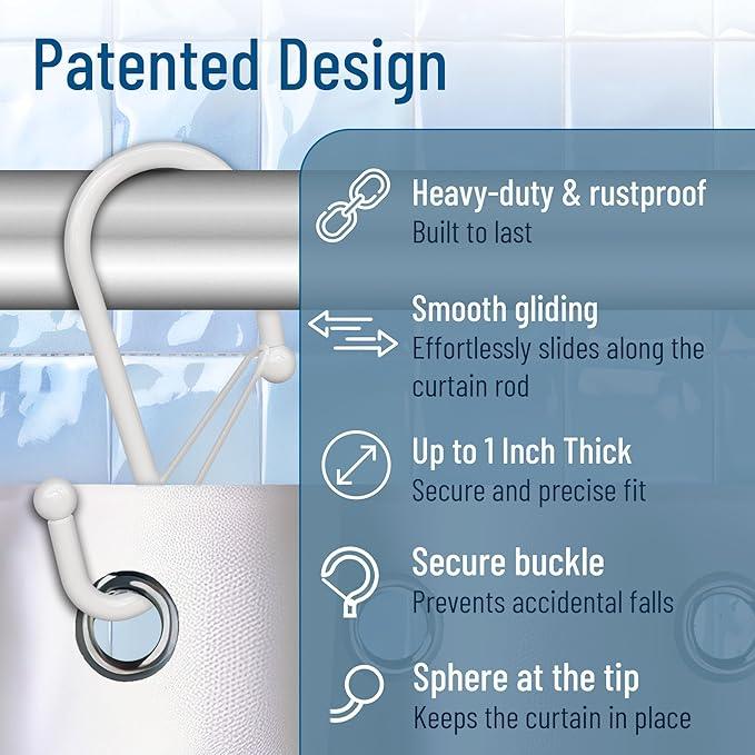 Blau Marité 12 Decorative Metal Shower Curtain Hooks, S-Shaped Hooks with Anti-Fall System, Rust-Proof Shower Rings with Safety Buckle, Fits Rods Up to 1-Inch Diameter (S, White) - ModernBath