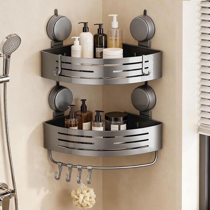 Structoline Corner Suction Cup Shower Caddy(2-Pack Gray),No-Drilling Aluminum Shower Shelf with Towel Bar & Hooks,Removable Bathroom and Kitchen Storage Organizer. - ModernBath