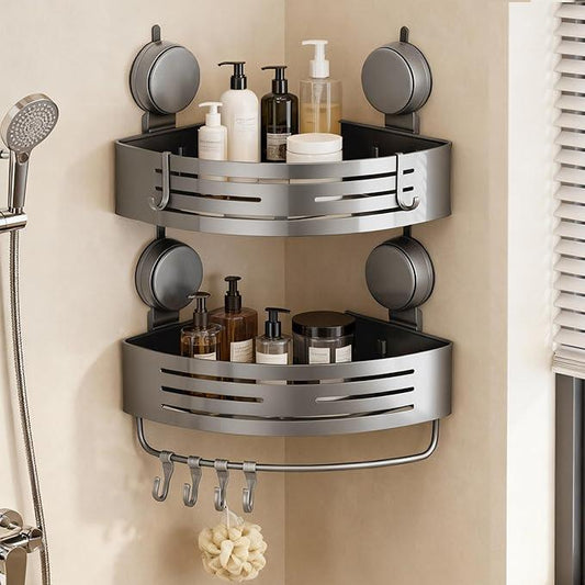Structoline Corner Suction Cup Shower Caddy(2-Pack Gray),No-Drilling Aluminum Shower Shelf with Towel Bar & Hooks,Removable Bathroom and Kitchen Storage Organizer. - ModernBath