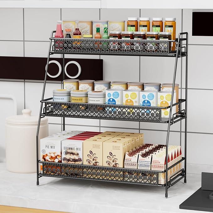 SILUB Vintage 3 Tier Spice Rack Organizer for Kitchen Counter, Bathroom Counter Organizer, 3 Tier Bathroom Counter Organizer for Spices Makeup Perfumes, Retro Countertop Organizer - ModernBath