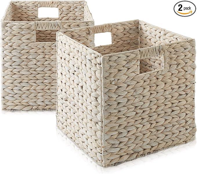 Casafield 12" x 12" Hyacinth Storage Baskets, Whitewash - Set of 2 Storage Organizers, Woven Wicker Cubes for Bathroom, Bedroom, Laundry, Shelves - ModernBath