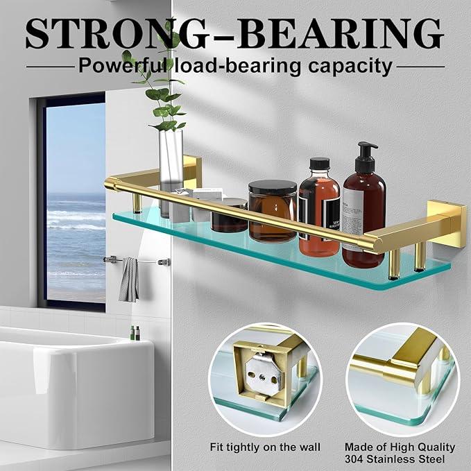Glass Shelf for Bathroom, 20 Inch Tempered Glass with Brushed Gold Stainless Steel Railing, Floating Glass Shelves Sink Over Toilet Modern Bathroom - ModernBath