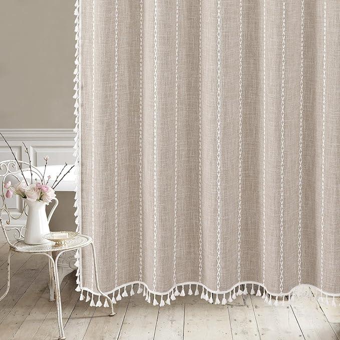 MitoVilla No Hooks Required Boho Farmhouse Shower Curtain with Snap-in Liner, Taupe Cotton Linen Fabric Shower Curtains with Tassels for Rustic Neutral Bathroom Decor,72 x 74 - ModernBath