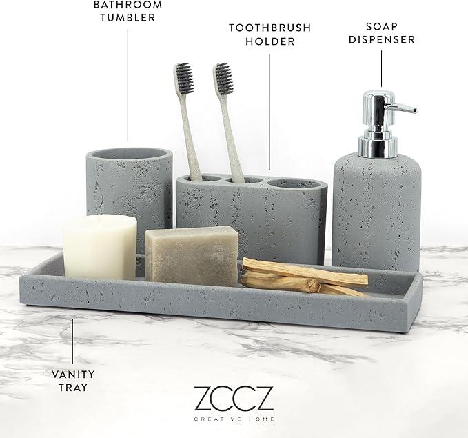 ZCCZ -Beige Bathroom Accessories Set 4 Pcs - Toothbrush Holder, Soap Dispenser, Vanity Tray, Bathroom Tumbler - Countertop Vanity Organizer - Bathroom Accessory Set- Toothbrush Holder Set, Stone Sets - ModernBath