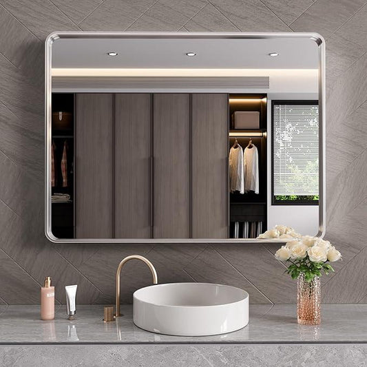 JISOSO Brushed Nickel Bathroom Mirror 40x30 Inch, Brushed Silver Metal Frame Mirror Wall Mounted, Rounded Rectangle Bathroom Vanity Mirror, Tempered Glass, Anti-Rust, Horizontal/Vertical - ModernBath