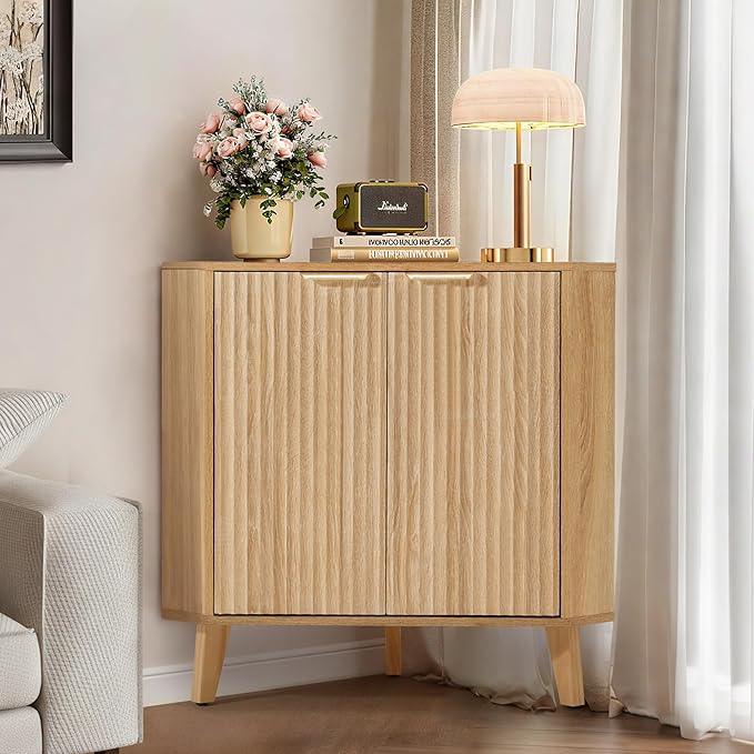 HOMREST Fluted Corner Cabinet with Storage and Power Outlet, Adjustable Shelve, Freestanding Sideboard Buffet Cabinet, Multifunctional Organizer for Living Room Kitchen, Bathroom (Natural) - ModernBath
