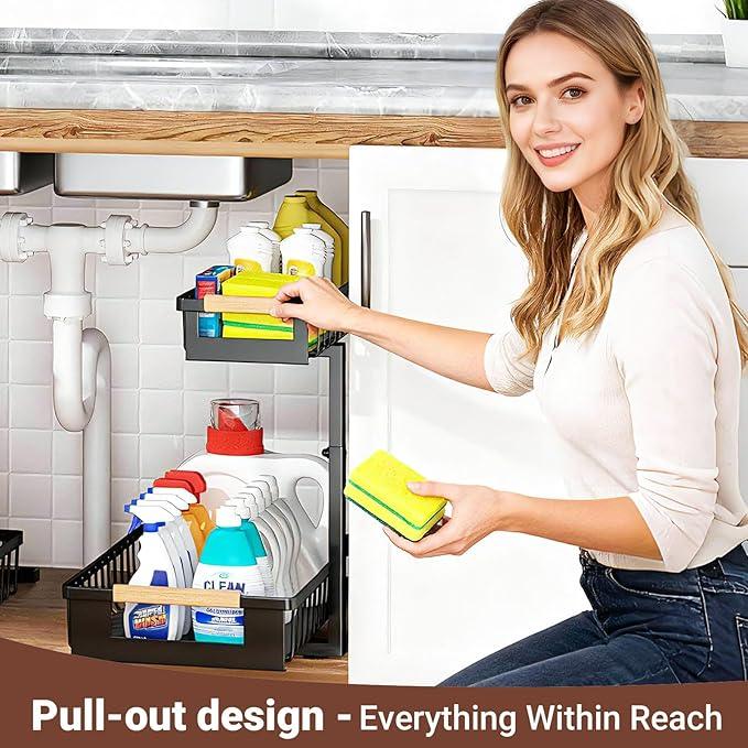 Under Sink Organizer 2-Pack Pull out Cabinet Organizer 2 Tier Metal Shelf Undersink Rack for Kitchen Bathroom Pantry Cabinet Organization and Storage, Black - ModernBath