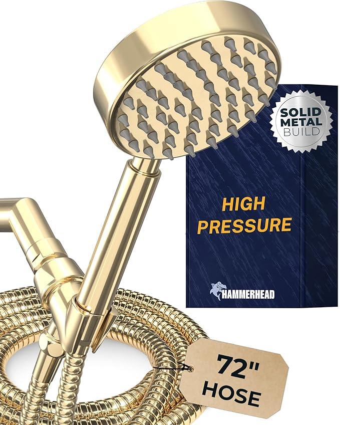 HammerHead Showers® Solid Metal Handheld Shower Head with Hose and Brass Holder - POLISHED BRASS - 2.5 GPM High Pressure Shower Heads with Adjustable Shower Wand Bracket - 6ft Flexible Extension - ModernBath
