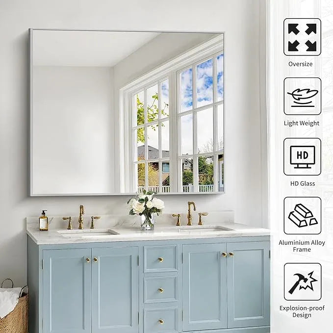 COFENY 40x48inch Silver Bathroom Mirror, Silver Rectangle Mirror with Frame, Large Rectangular Wall Mirrors for Bathroom, Living Room, Hair Salon, Big Farmhouse Mirror Hang Horizontal/Vertical - ModernBath