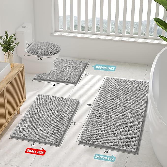 Smiry Luxury Chenille Bathroom Rugs 30x20, Extra Soft and Absorbent Shaggy Bath Mat, Machine Washable, Non-Slip Plush Carpet Runner for Tub, Shower, and Floor, Home Decor Accessories, Light Grey - ModernBath