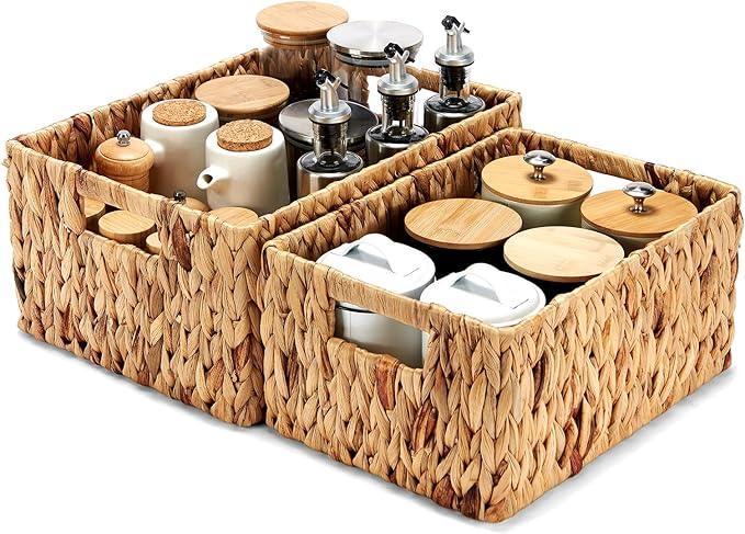 Wicker Baskets 2 Pack, Water Hyacinth Wicker Storage Basket with Handles, Large Rectangular Wickers Baskets for Organizing, Natural - ModernBath