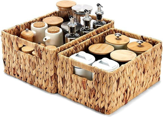 Wicker Baskets 2 Pack, Water Hyacinth Wicker Storage Basket with Handles, Large Rectangular Wickers Baskets for Organizing, Natural - ModernBath