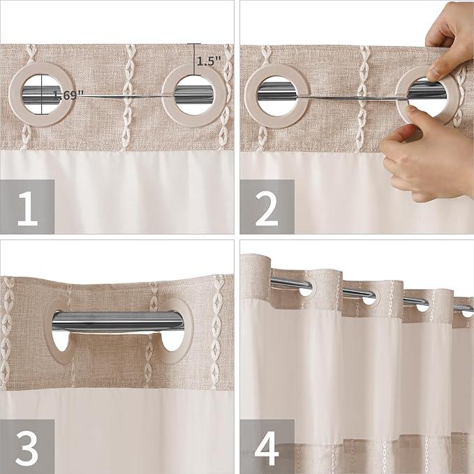 eachope No Hook Stall Shower Curtain with Snap-in Fabric Liner - 54x80 Heavy-Duty Linen Textured Striped Design,Narrow Rustic Modern Farmhouse Bohemian Bathroom Curtain,Water-Repellent,Tan/Taupe - ModernBath