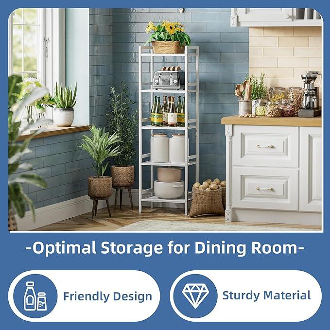 HITNET 5 Tier Bamboo Shelf, Tall Narrow Bookcase, Freestanding Bathroom Storage Unit with Adjustable Shelves, Modern Display Standing Bookshelf for Living Room, Bedroom, Home Office, White - ModernBath
