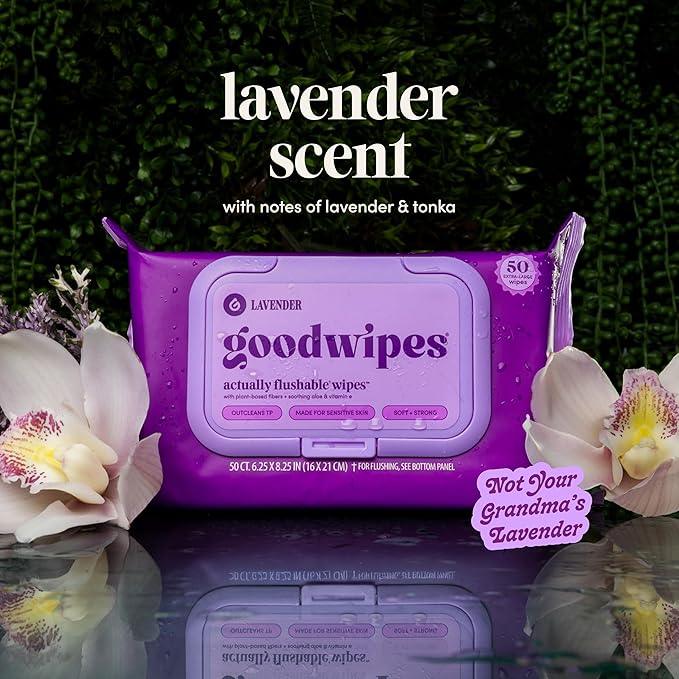 goodwipes Flushable Butt Wipes - Vitamin E & Aloe - Sewer & Septic Safe - Extra Large Adult Wet Wipes For Women & Men - Bathroom Essentials - Lavender, 153 Count (3 Packs + 3 Individually Wrapped) - ModernBath
